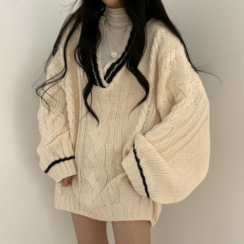 WAKUTA Korean 2021 Women Sweater Oversized V Neck Puff Long Sleeve Pullovers Autumn Winter Vintage Thicken Knitted Tops Elegant alx