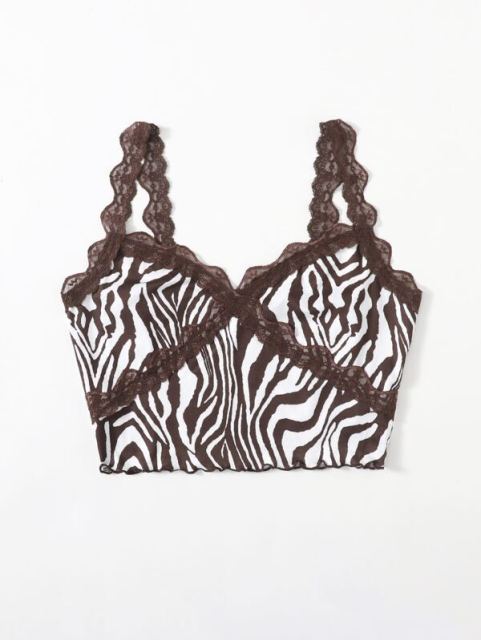 Fashion Zebra Pattern Camisole Sexy Lace Trim V-Neck Exposed Navel Suspender Tank Tops Streetwear