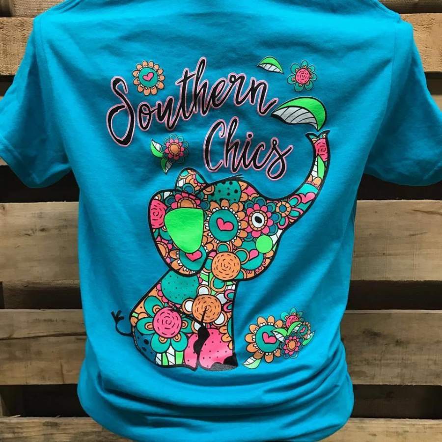 Southern Chics Flower Heart Elephant Girlie Bright T Shirt