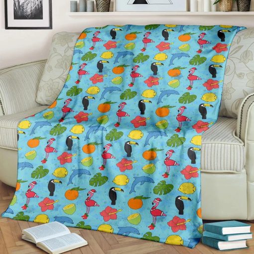 Flamingo Dolphin Christmas Blanket Blue