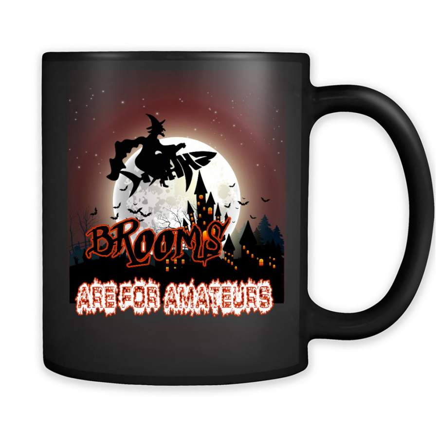 Brooms Are For Amateurs, Witch, Shark Mama, Halloween Fun – Full-Wrap Coffee Black Mug