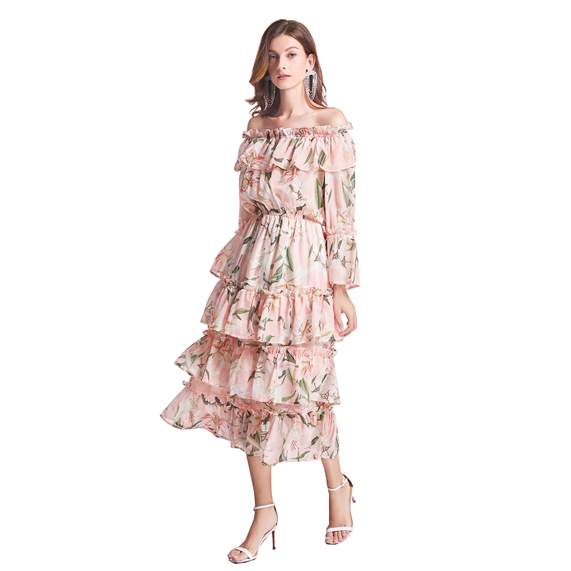 2021 New Summer Fashion Runway Elastic Waist Plus Size Dress Women Pink Floral Print Slash Neck Tiered Cake Elegant Maxi Dresses alx