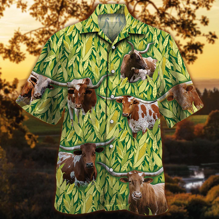 Tx Longhorn Cattle Lovers Corn Pattern Hawaii Cow Short Sleeve Hawaii Aloha Shirt Ha35670