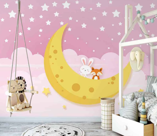 3D Cartoon Sky Star Moon Pink Cloud Fox Bunny Animal Wall Mural Wallpaper Lxl