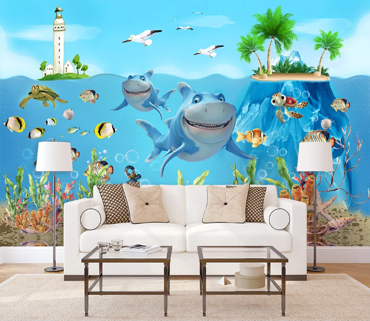 3D Blue Seabed Shark Jellyfish Coral Turtle Wall Mural Wallpaper 2290