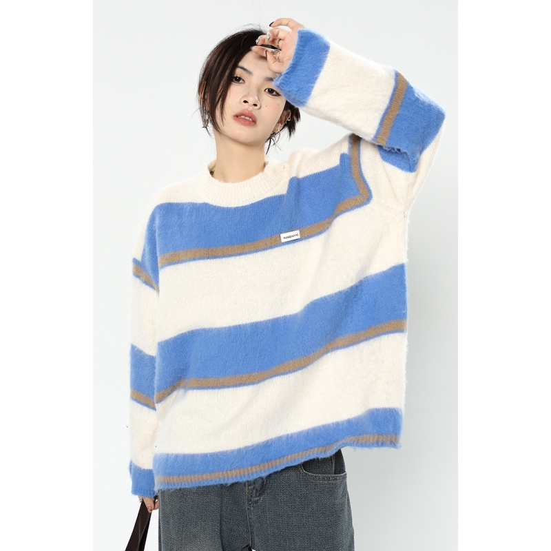 Women Blue Stripe Sweater Fashion Vintage Leisure Lazy Wind Loose Winter Female Thicken Warm Long Sleeve Knitting Pullover alx