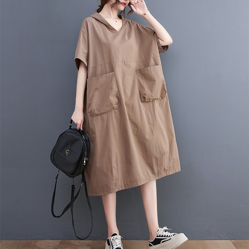 2022 New Hooded Korea Chic Personality Girl’s Fashion Summer Dress Big Pockets Loose Women Casual Dress Office Lady Work Dress alx