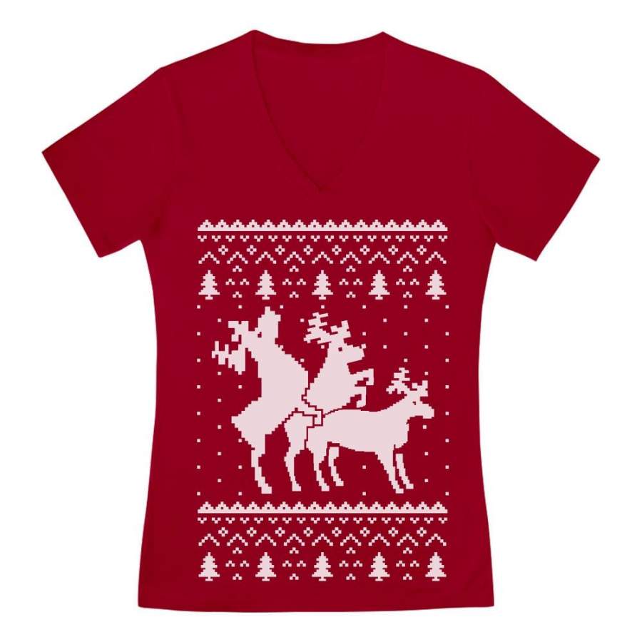 Ugly Christmas Party Sweater Humping Reindeer Threesom V-Neck Fitted Women T-Shirt