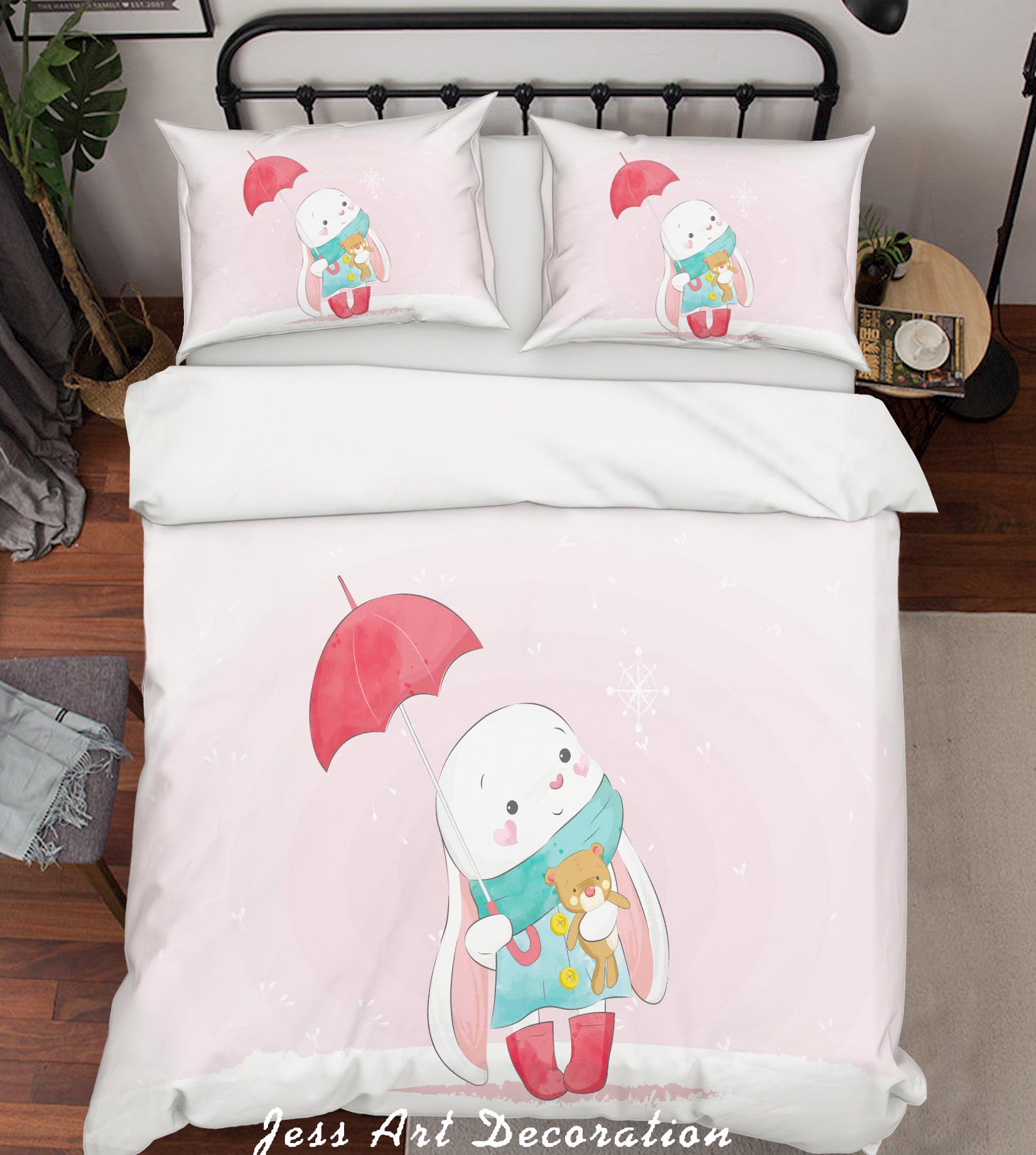 3D Pink Rabbit Umbrella Bear Quilt Cover Set Bedding Set Duvet Cover Pillowcases Sf77