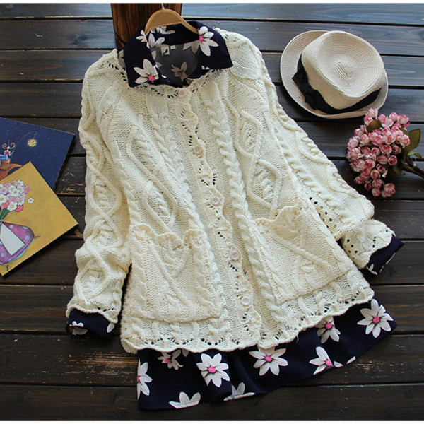 2022 Spring Autumn Mori Girl Style Women Cardigan Solid Twist Howllow Out Crochet Cotton Knitted Sweater Fashion Girl’s Coat alx