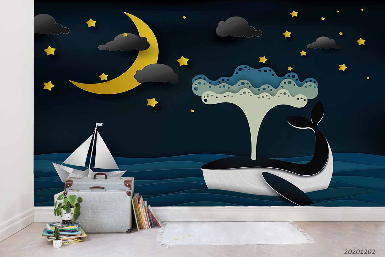 3D Cartoon Hand Drawn Yellow Moon Star Cloud Ocean Whale Fish Wall Mural Wallpaper Lxl