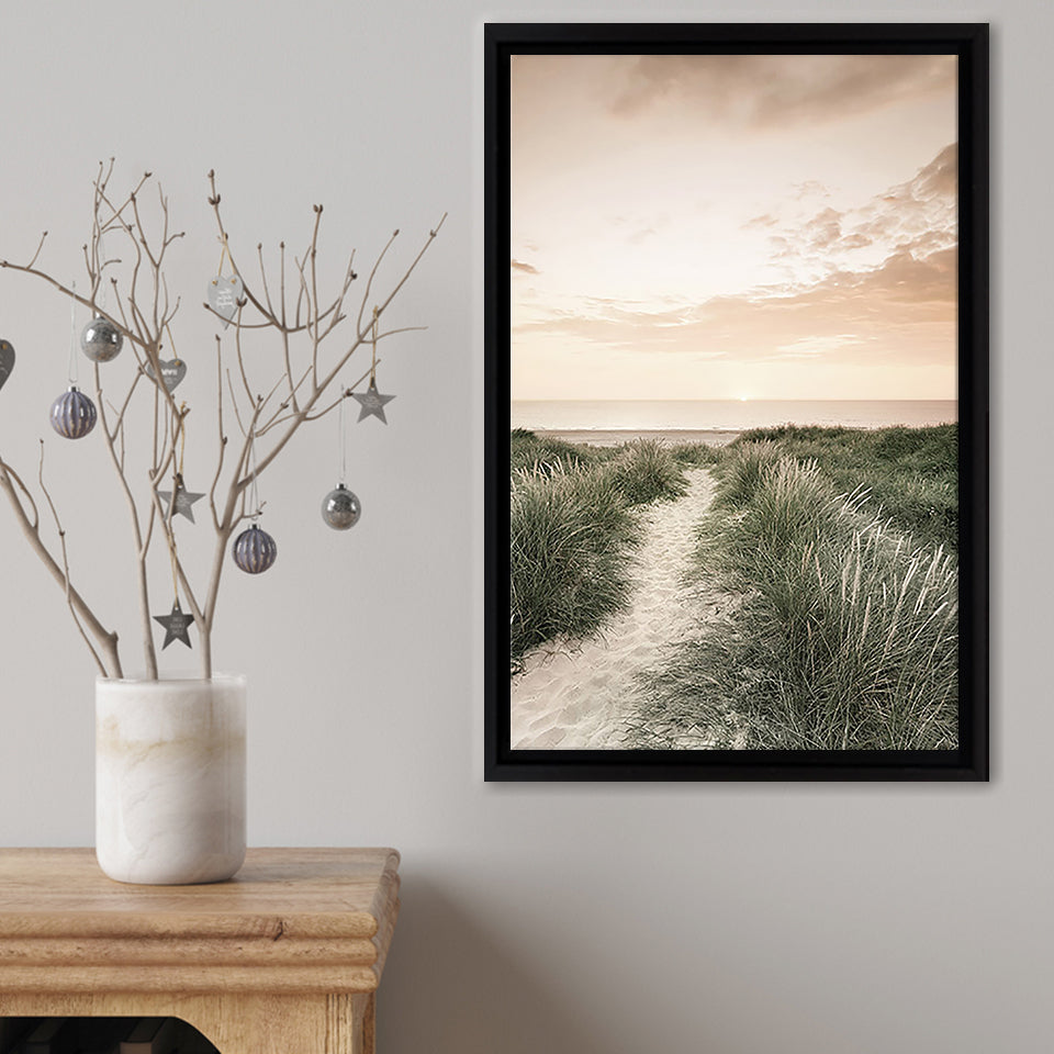 Sunrise Beach Walk Framed Canvas Print – Canvas Painting, Canvas Art, Wall Art, Wall Decor