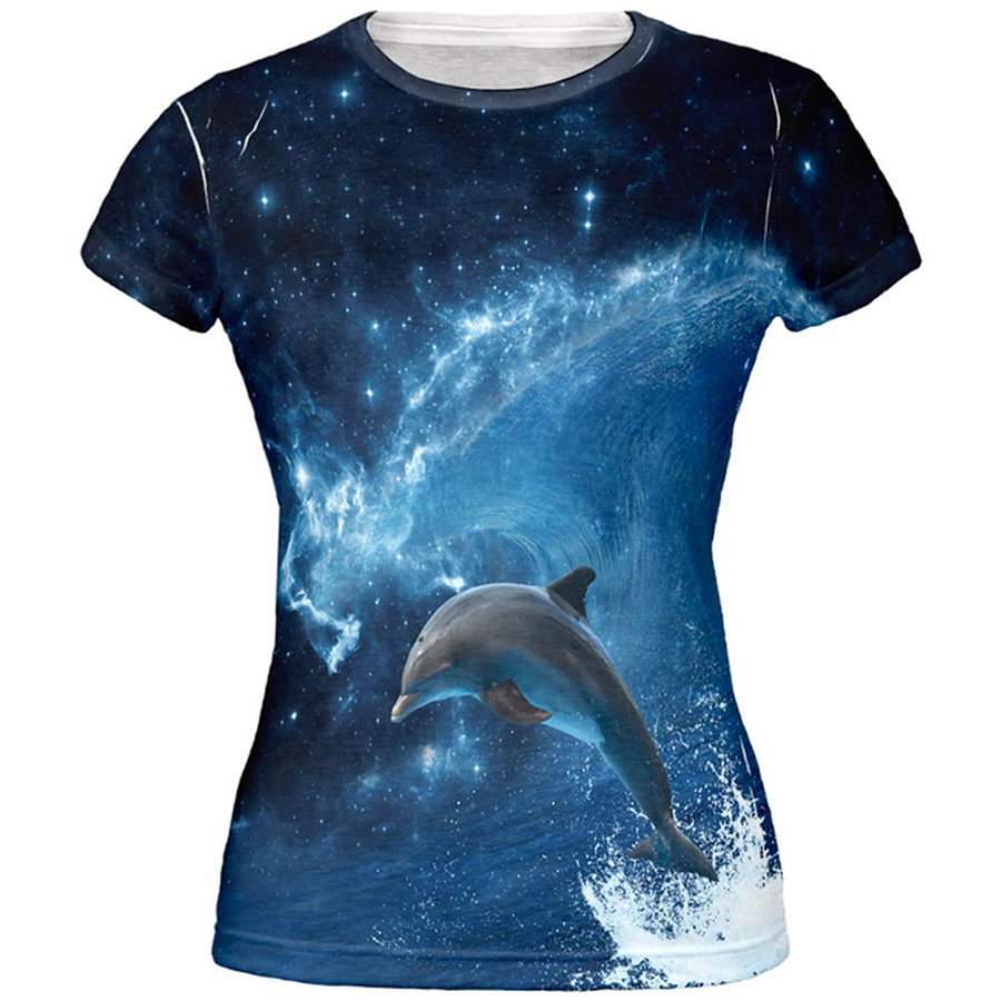 Dolphin IN SPACE Ocean Wave All Over Juniors T-Shirt