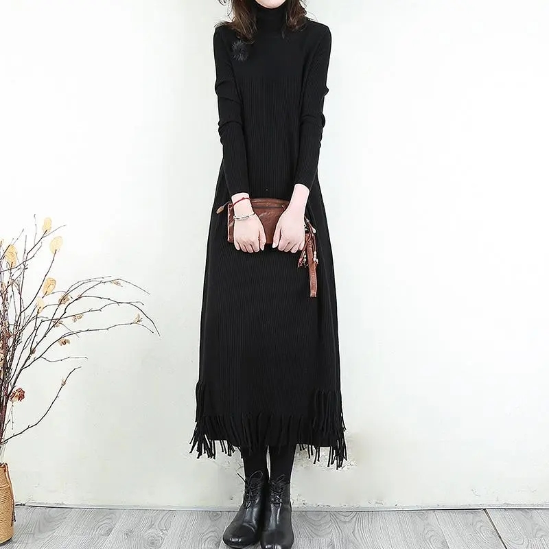 Vintage Turtleneck Sweater Knitted Dress Women Autumn Winter Thicken Tassel Long Knitwear Female Korean Fashion Casual Pullover alx