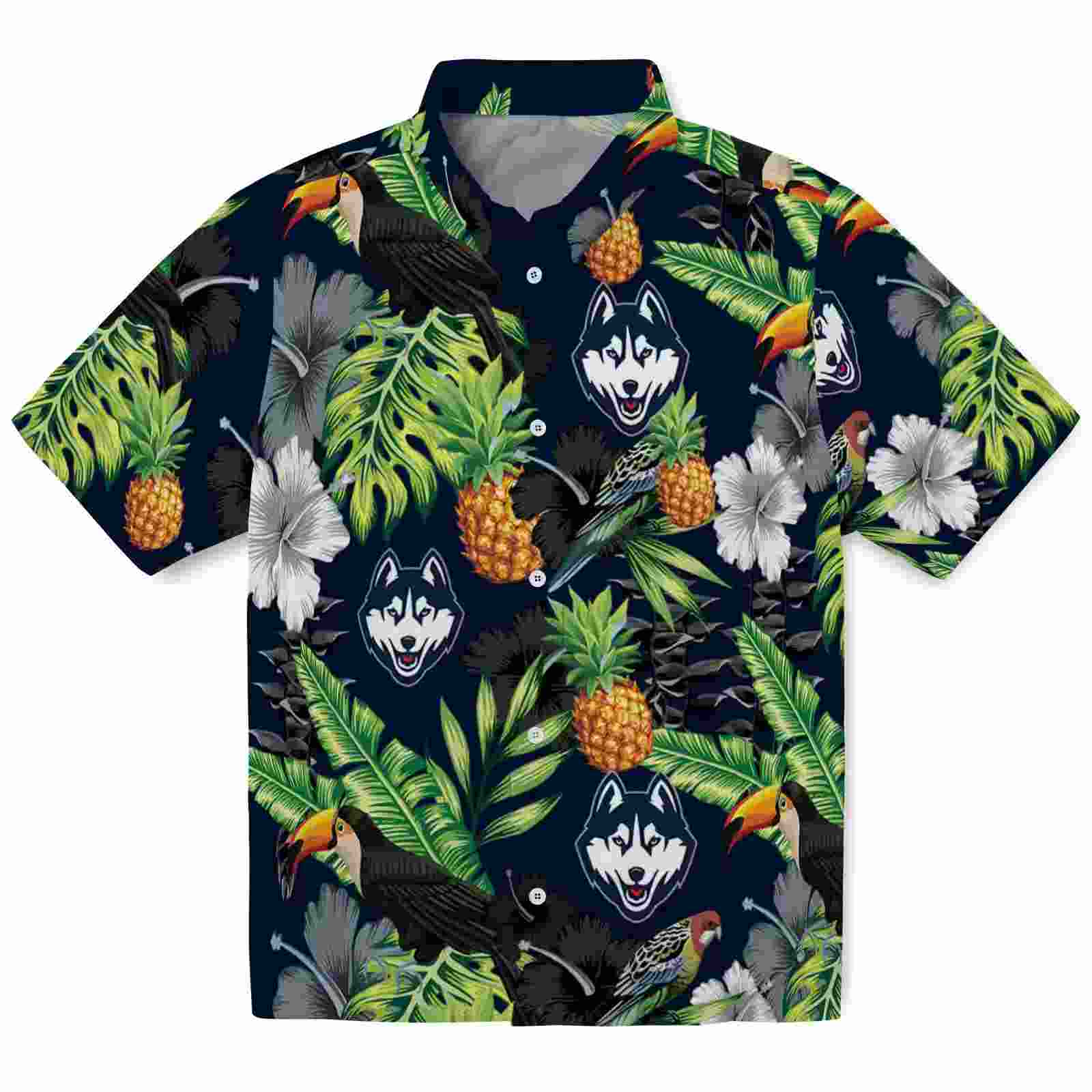 Uconn Huskies Toucan Hibiscus Pineapple Blue Green Hawaiian Shirt