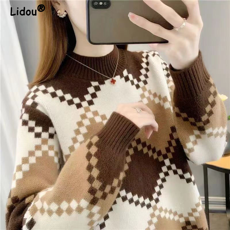 Autumn Winter Knitted Plaid Pullovers for Women 2022 New All-match Turtleneck Sweater Casual Loose Women’s Clothing Korean Top alx