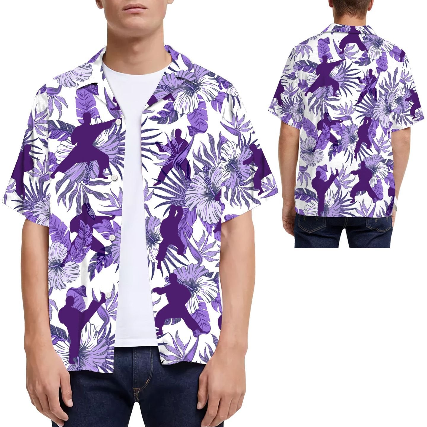 Purple Karate Hibiscus Men Hawaii Summer Beach Shirts For Martial Arts Lovers Ha82586