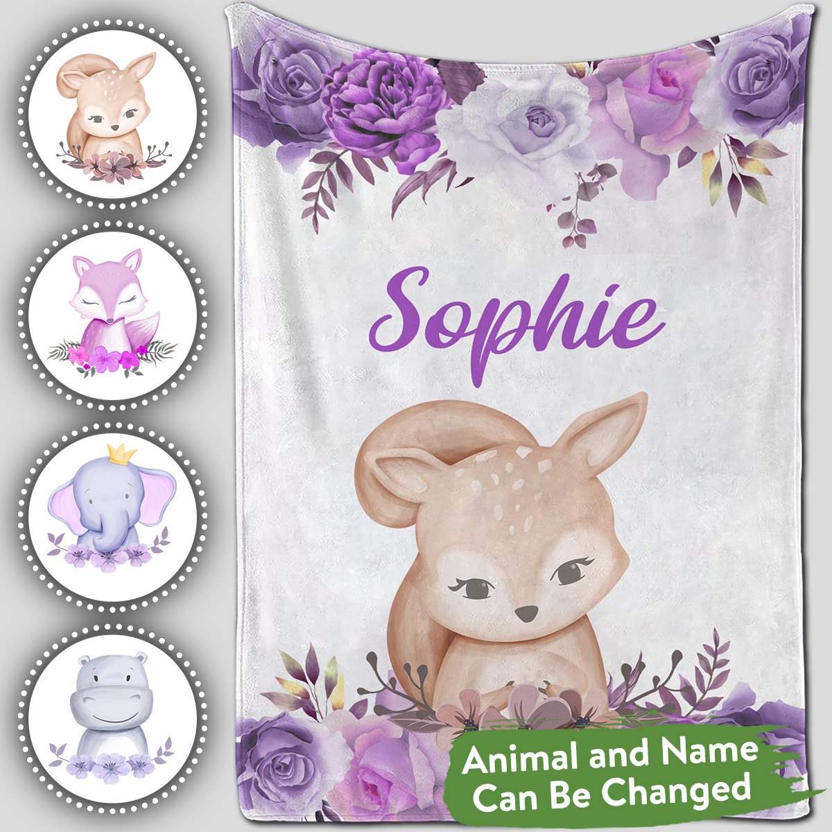 Personalized Baby Blankets With Name Elephant, Fox Baby Blanket Purple Color For Boy And Girl Baby