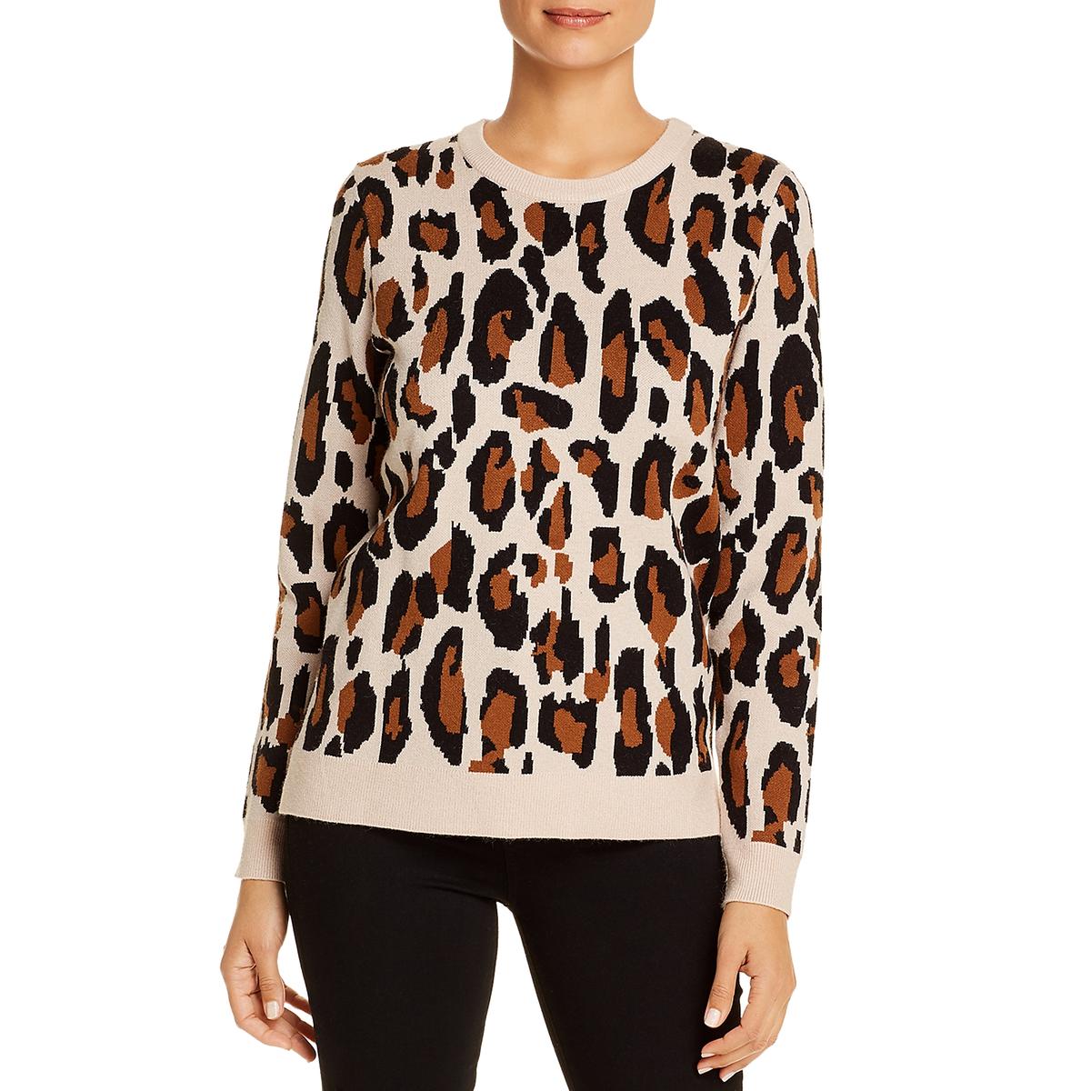 Womens Animal Print Ribbed Trim Crewneck Sweater