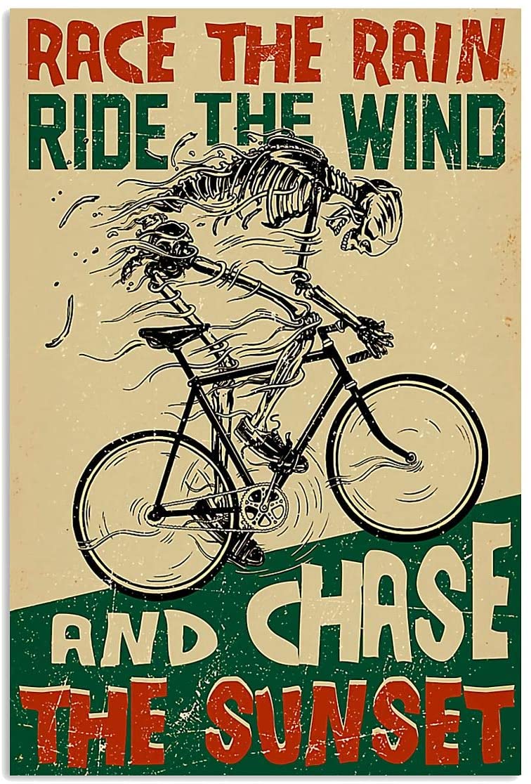 Vintage Skeleton Cycling – Race The Rain Chase The Sunset Poster Art Print      Home Decor Gift For Men Women Family Friend On Birthday Xmas