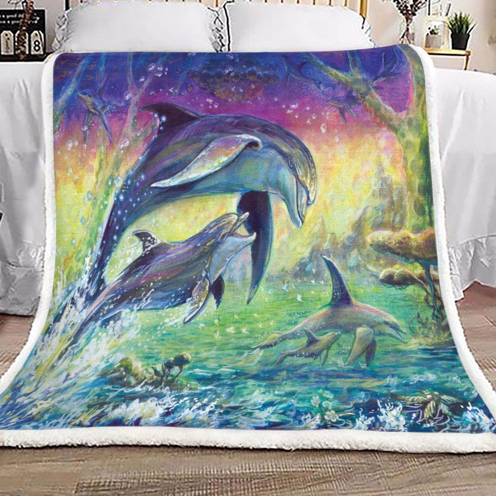 Dolphin Jump On The Sea Sherpa Fleece Blanket Rr