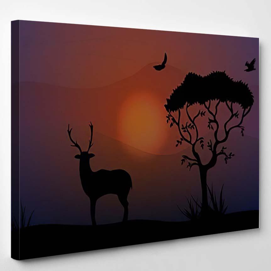 Silhouette Deer Near Tree Sunset Beautiful – Deer Animals Canvas Print