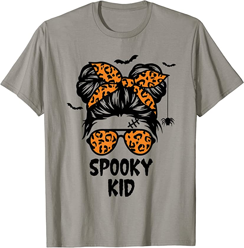 Spooky Kid Halloween Shirt for Girls Youth Messy Bun Leopard T-Shirt