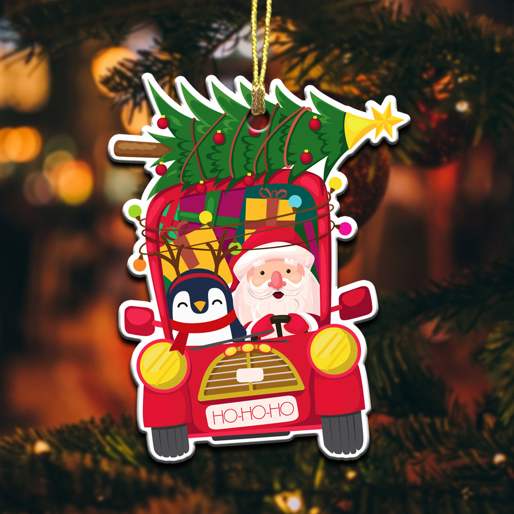 Penguin Santa Claus Drive Red Ho-Ho-Ho Car – 2-Sided Mica Custom Shaped Ornament – Gift For Christmas Day – 1207