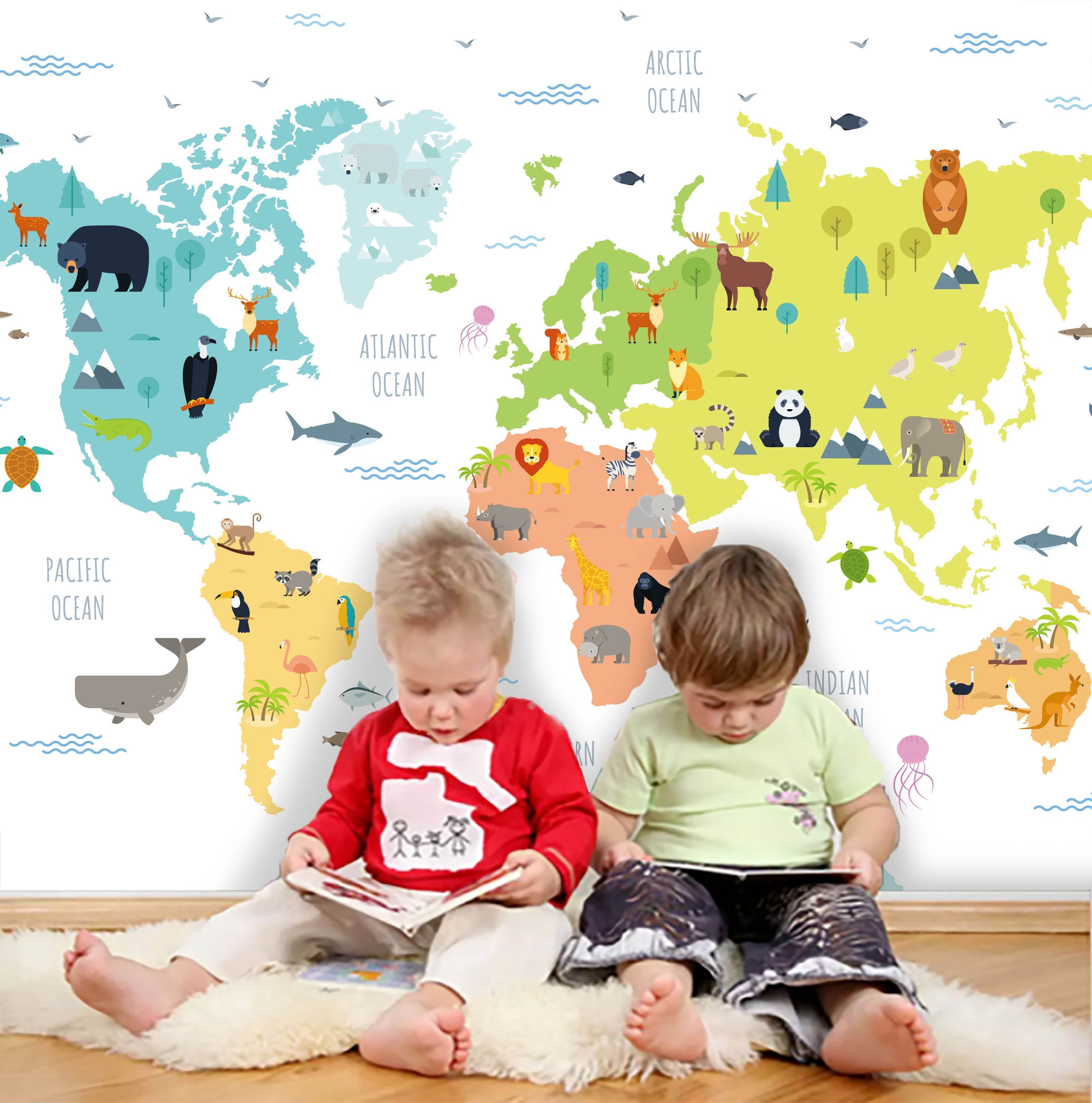 3D Kids, Cartoon Animal, World Map Wallpaper-Nursery