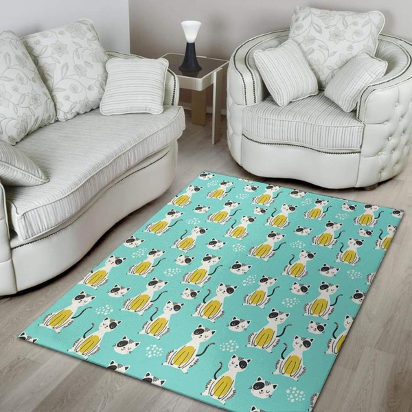 Blue Cat Print Area Rug