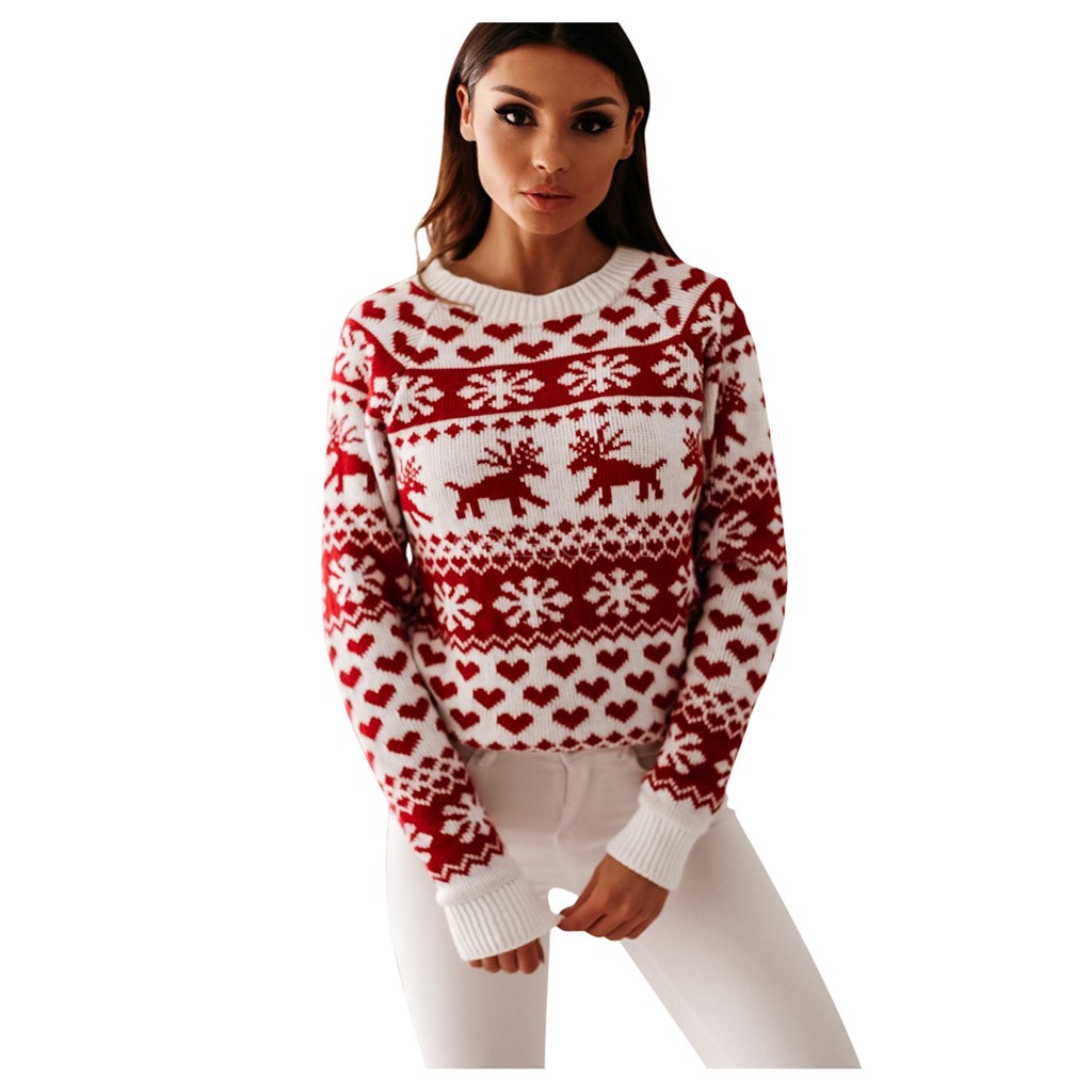 40# Women’s O Neck Elk Snowflake Christmas Xmas Pullover Sweater knit Tops Sweater Winter Warm Crochet Pullover Sweater Navidad alx