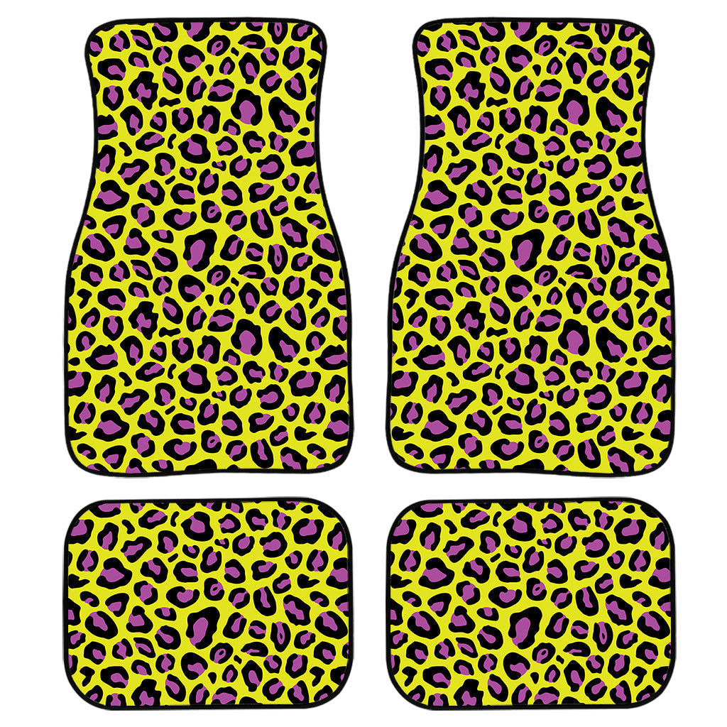 Yellow And Purple Leopard Pattern Print Front And Back Car Floor Mats, Front Car Mat