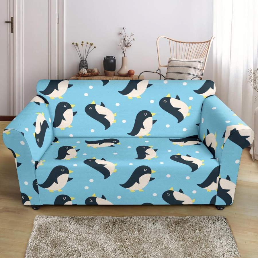 Snow Polka Dot Penguin Pattern Print Loveseat Cover