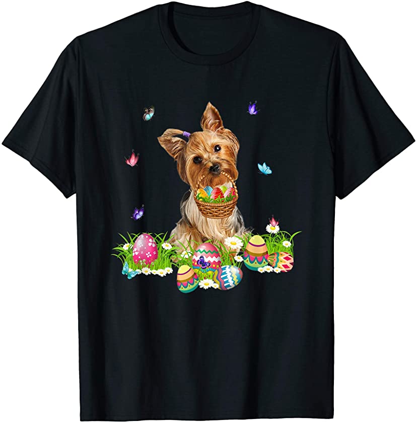 Yorkie Bunny Dog With Easter Eggs Basket Butterflies T-Shirt