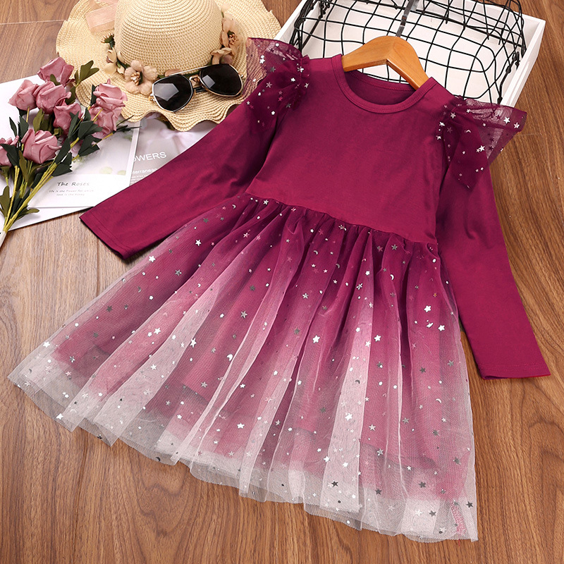 Autumn New Starry Sky Mesh Long Sleeve Princess Dress Children’s Dress Knee-Length Red Flower Girl Dress Sequin Dress alx