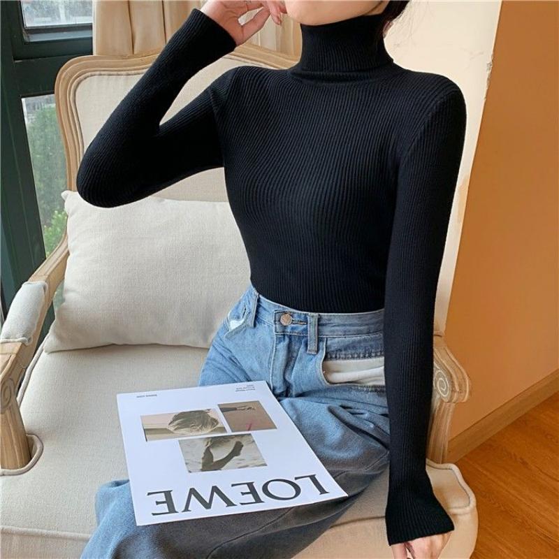 Women Turtleneck Sweaters Autumn Winter Long Sleeve Slim Basic Tops Solid Simple Knitting Pullovers Elastic Chic Knitted Sweater alx