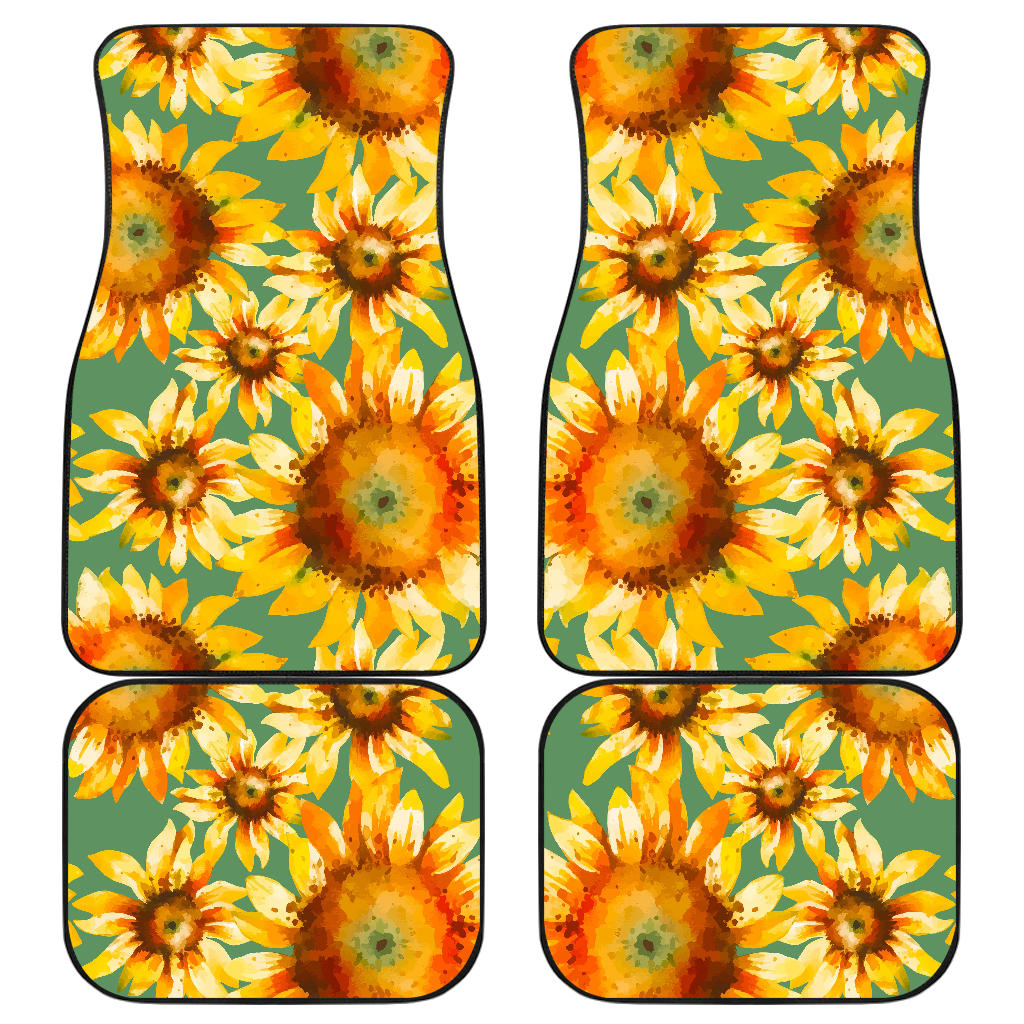 Sage Watercolor Sunflower Pattern Print Front And Back Car Floor Mats, Front Car Mat