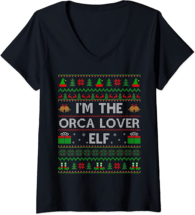 Womens Family Matching Ugly I’m The Orca Lover Elf Christmas V-Neck T-Shirt