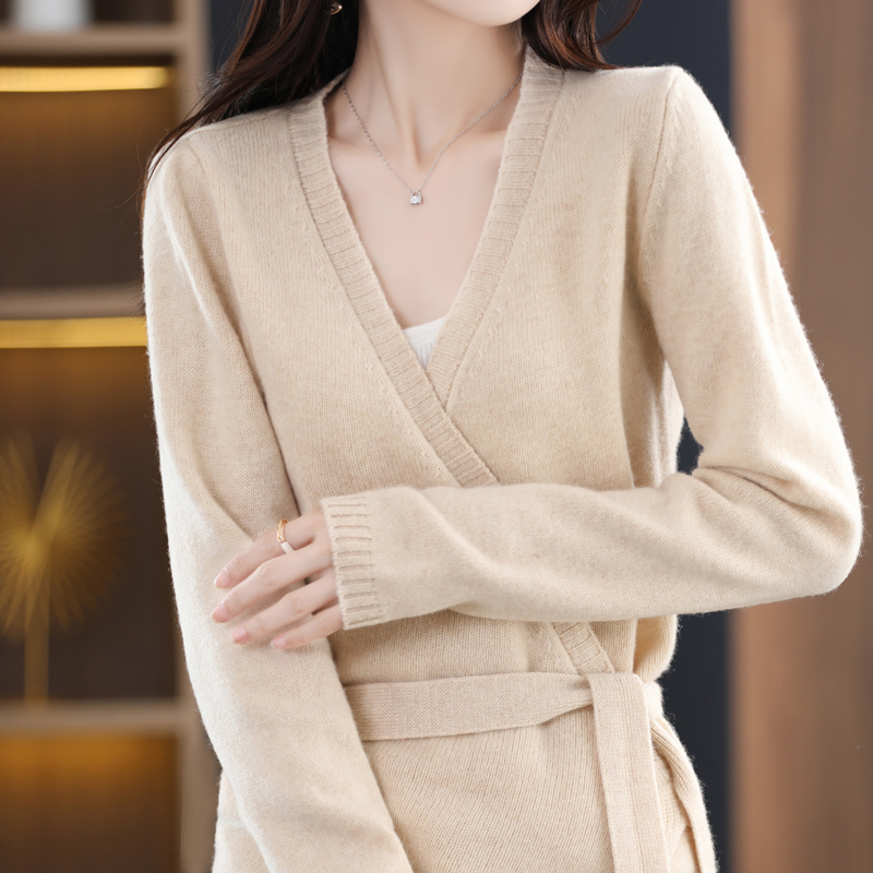 2022 Autumn Winter New Cardigan Design Feeling French V-Neck Belt 100% Wool Women Wrap Knit Sweater alx