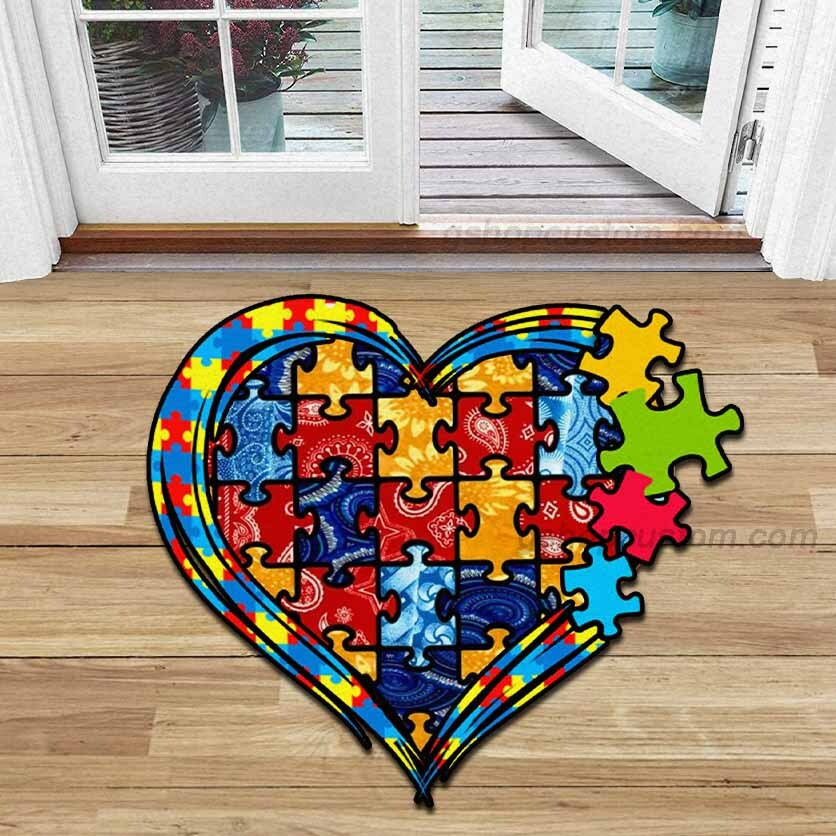 Heart Puzzle Autism Awareness Shaped Doormat Carpet – Autism Rainbow Color 3D Rug Doormat Decor Home – Sdm-A0084