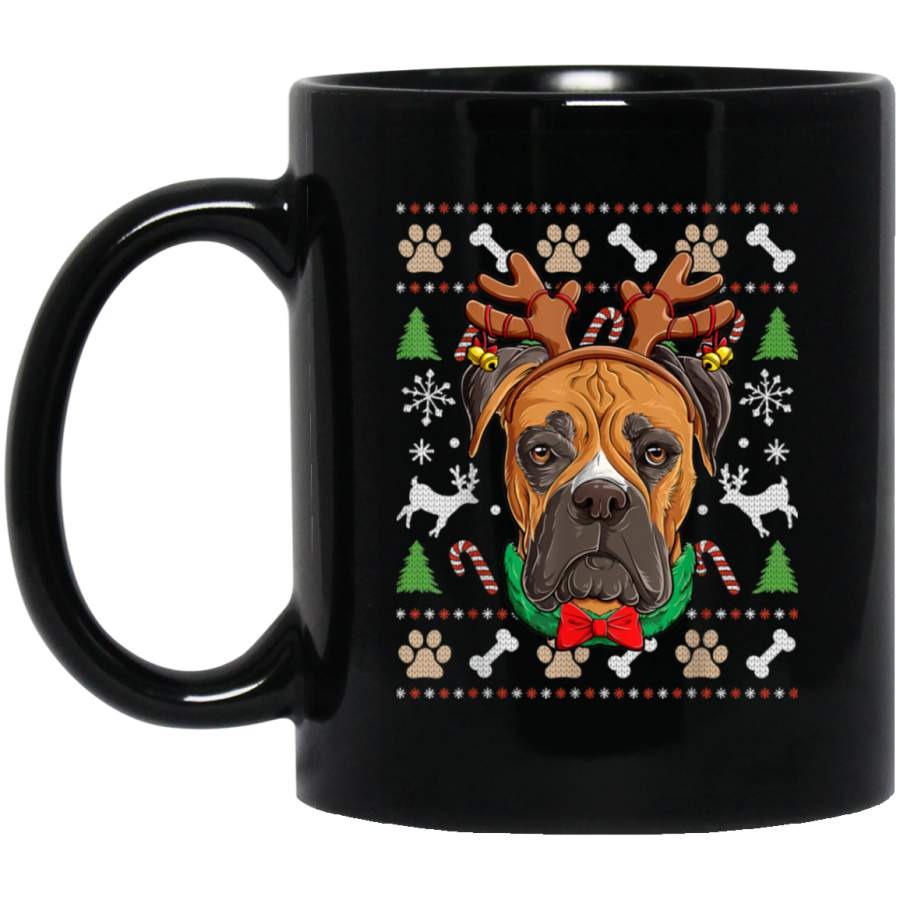 Boxer Ugly Christmas Reindeer Antlers Xmas Girls Kids Women 11 oz 15 oz Mug Black