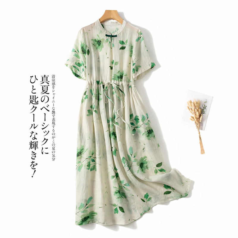 2022 New Arrival Print Floral Thin Soft Loose Cozy Vintage Summer Dress Draw String Office Lady Work Dress Women Casual Dress alx