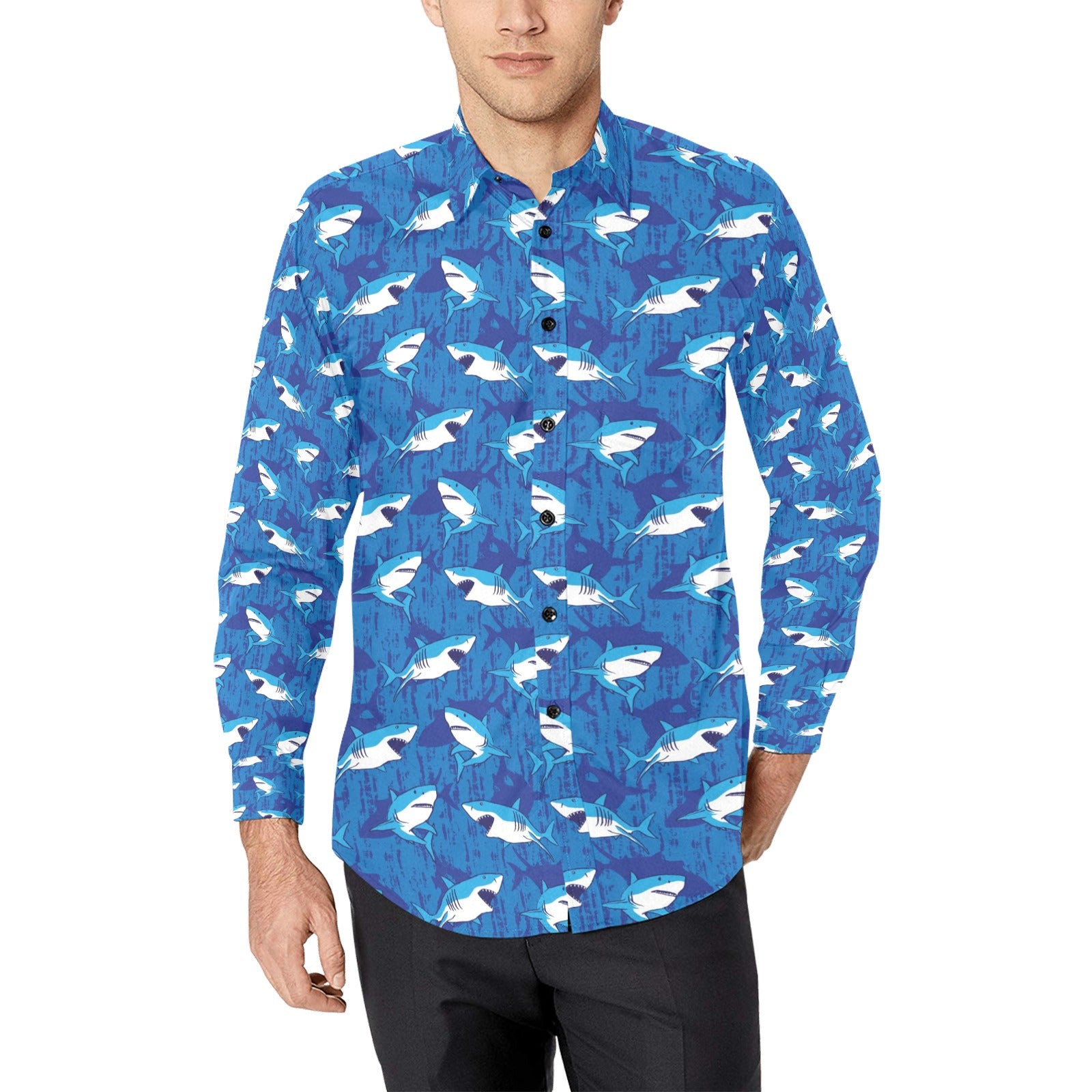 Shark Print Design Lks308 Long Sleeve Dress Shirt