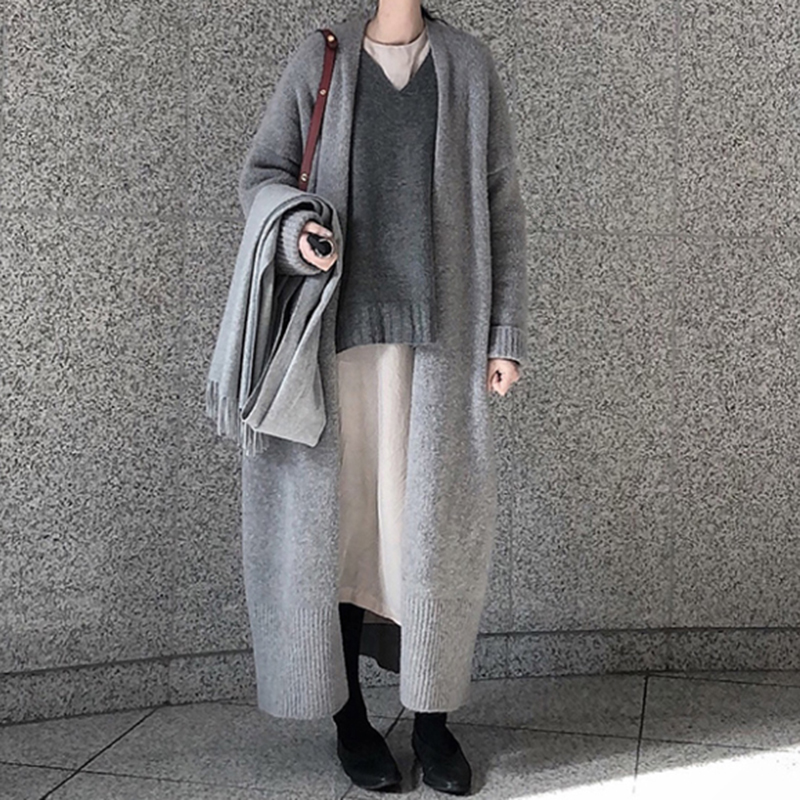 Zoki Autumn Long Cardigan Women Thick Knitted Sweater Loose Casual Black Lady Jumper Elegant Gray Long Coats Fashion New alx