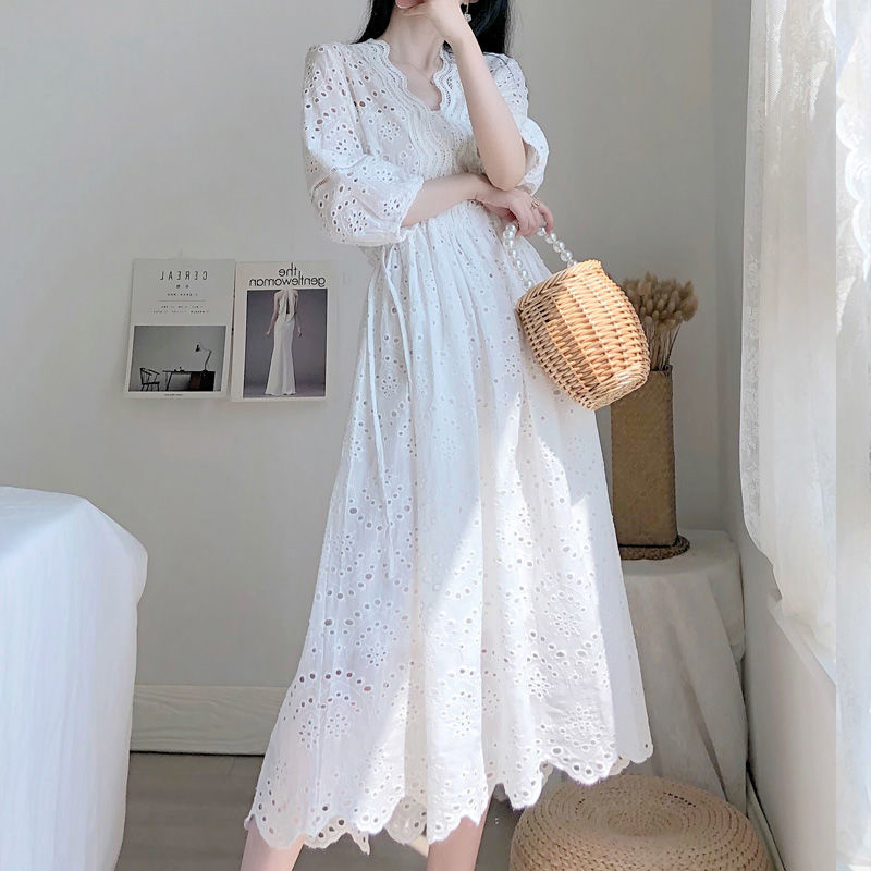 Bohemian Women Dress White Long Dresses V-neck Embroidery Lace Hollow Out Maxi OverSize Elegant Vintage Fashion Clothing Beach alx