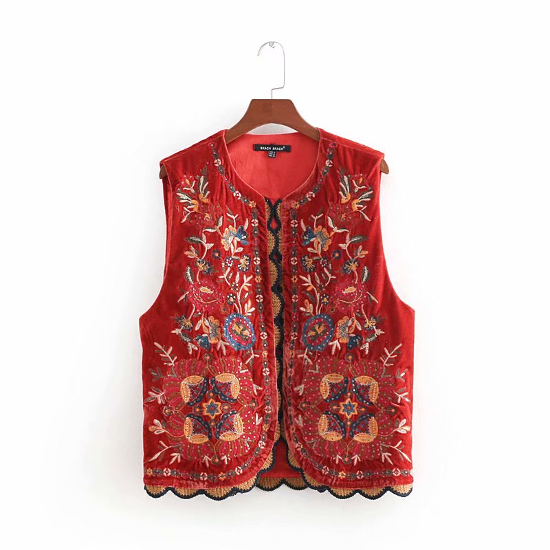 2022 Women Vintage sequins flower embroidery vest jacket ladies retro national style patchwork casual velvet waist Coat dropship alx