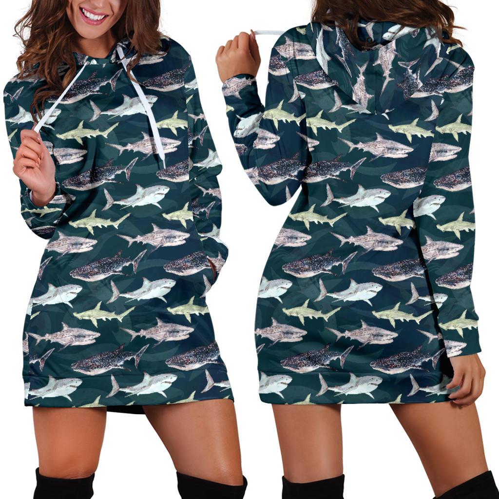 Shark Pattern Print Women Hoodie Dress