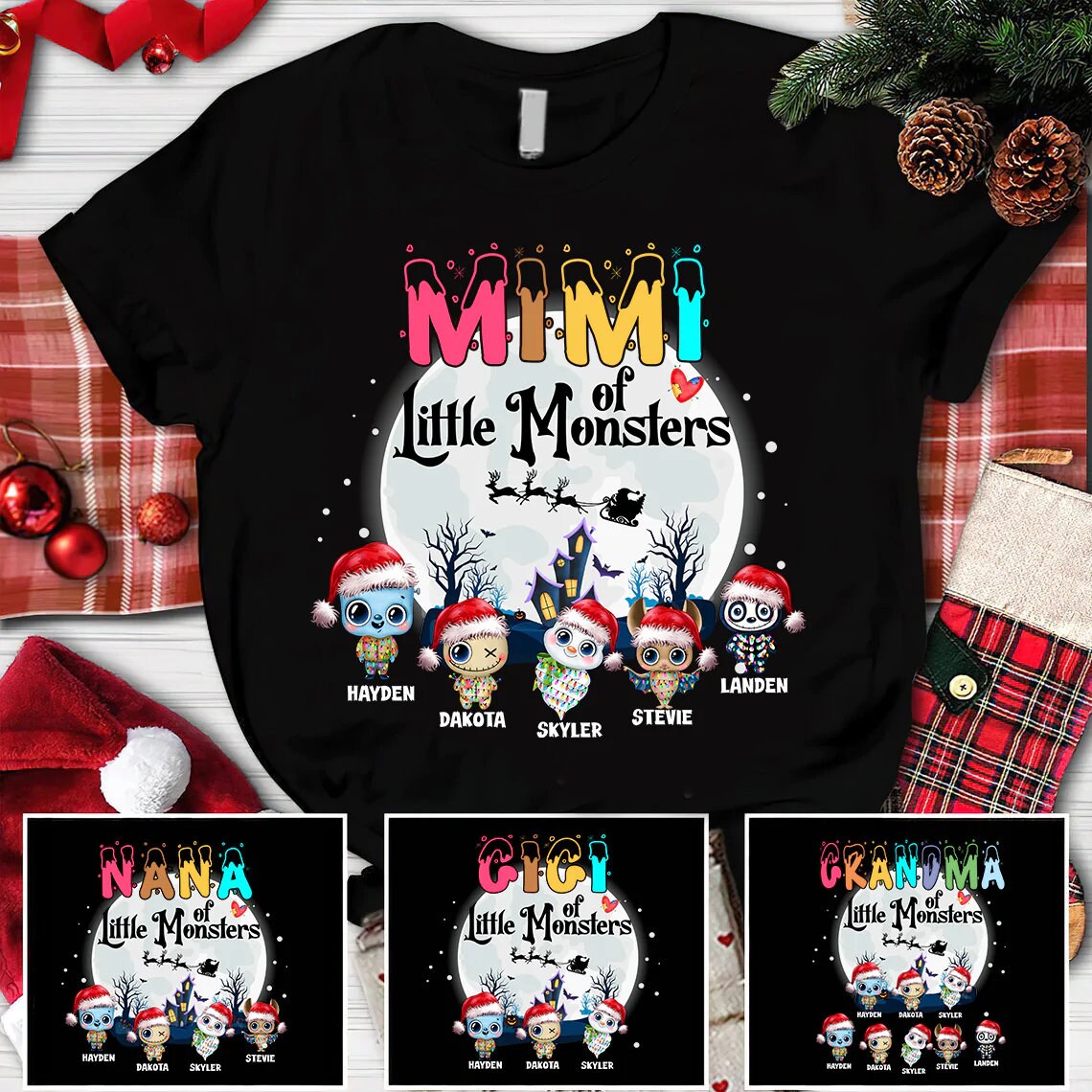 Christmas Mimi Little Monster Claus Shirt, Custom Christmas Grandma Nana Mimi Shirt With Monster Kids, 2022 Christmas  Mimi Shirt