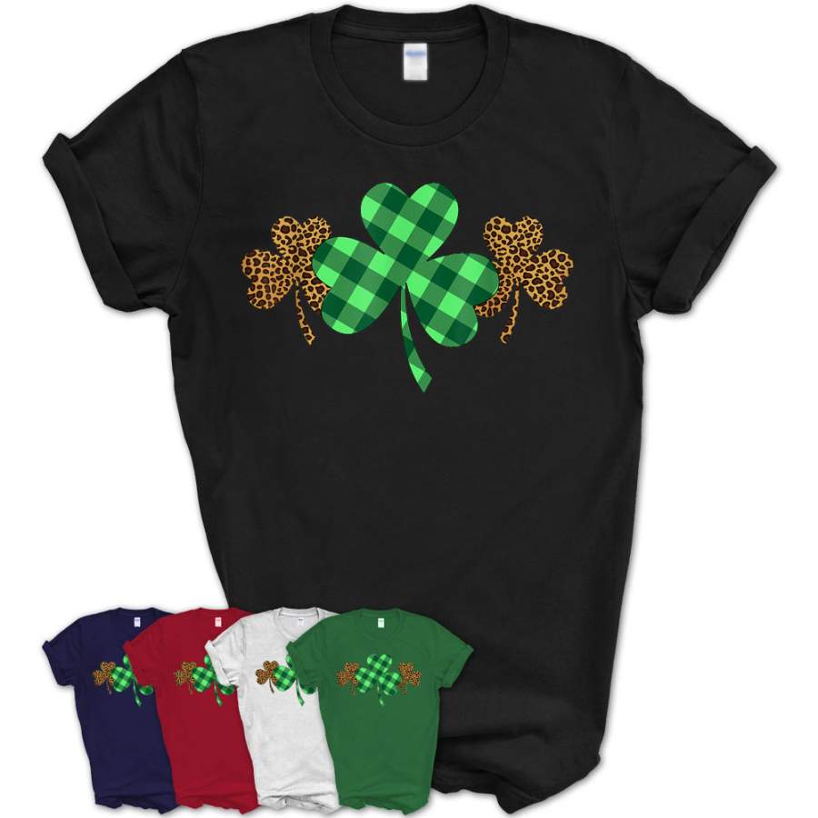 Three Clover Irish Shamrock Plaid Leopard St. Patrick’S Day T-Shirt