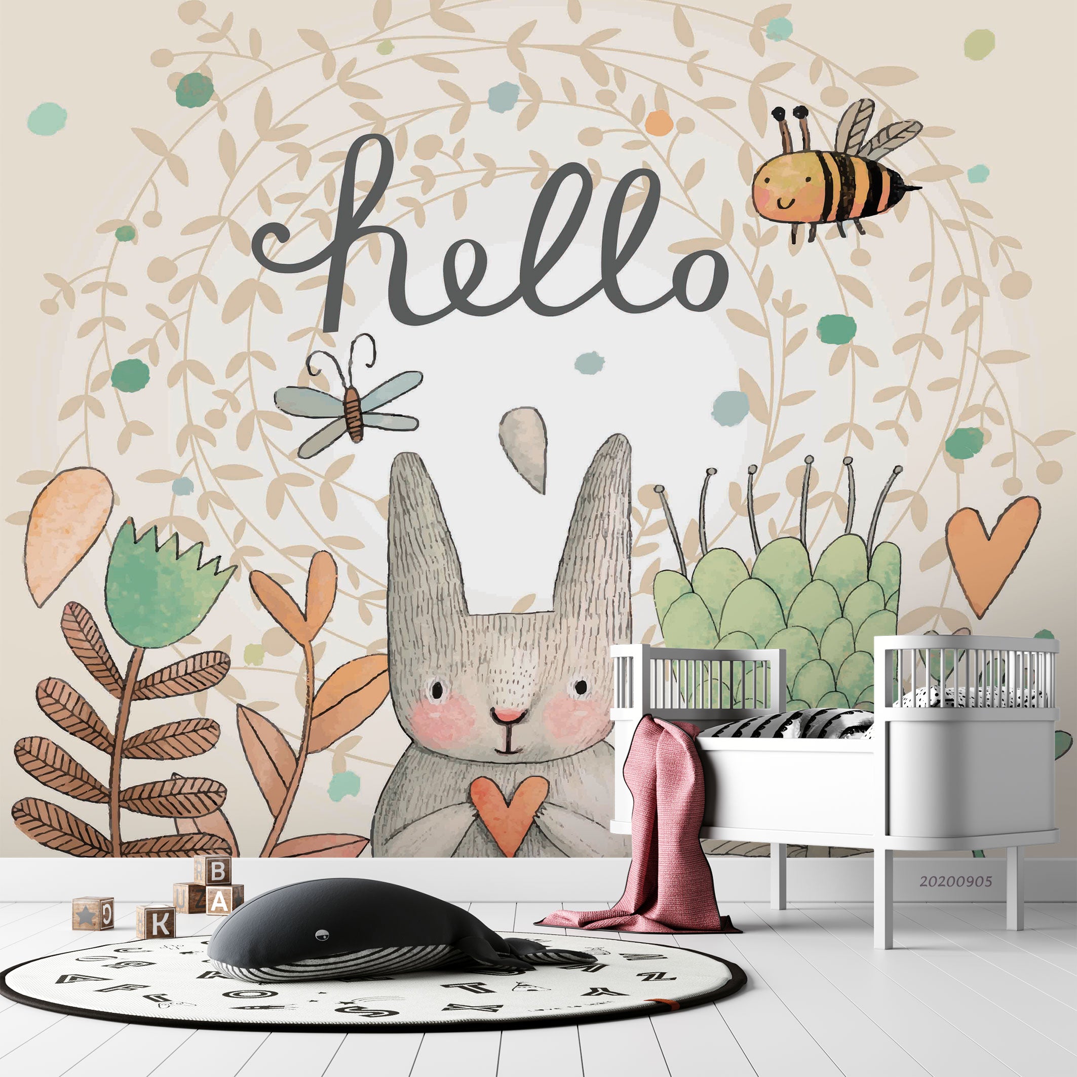 3D Hand Drawn Fresh Cartoon Rabbit Bee Butterfly Plant Wall Mural Wallpaper Gd 1958